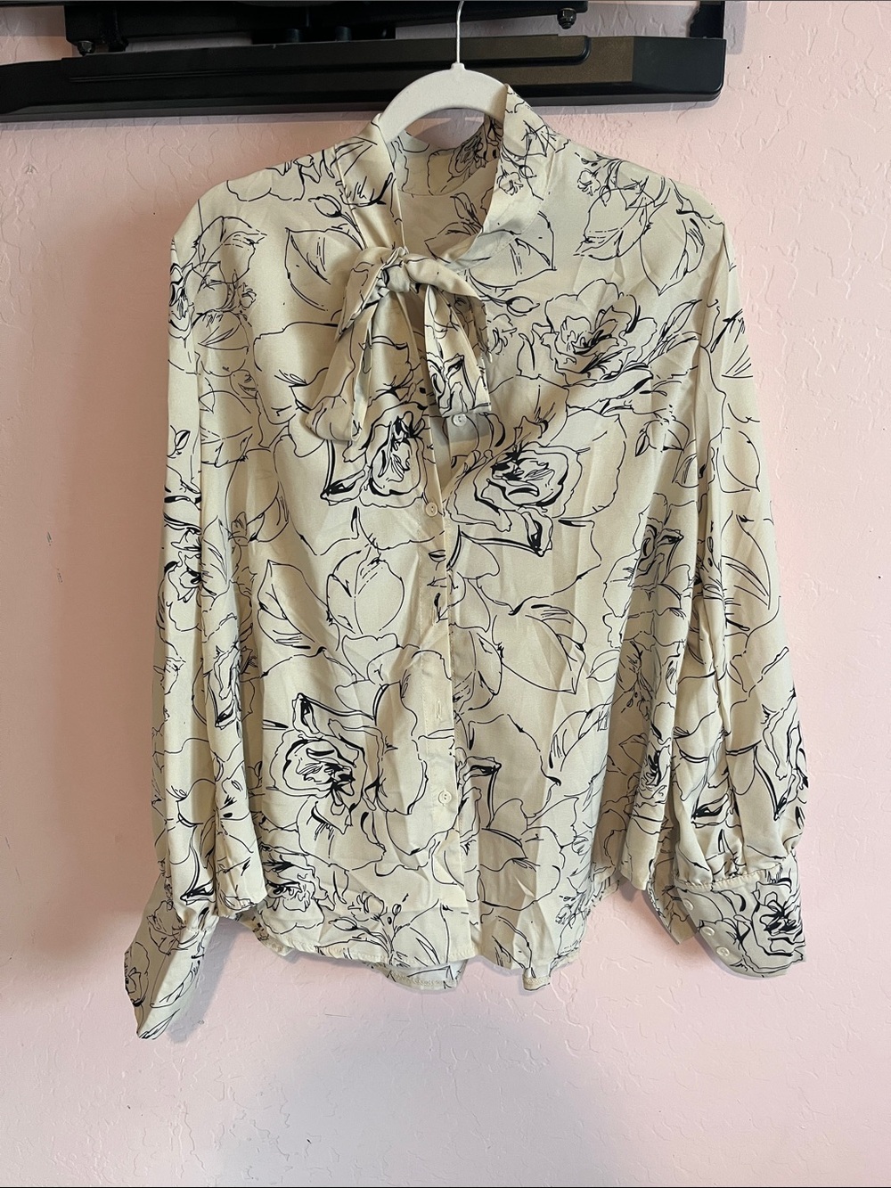 Tie-Neck Floral Blouse in Cream with Black Sketch Print
